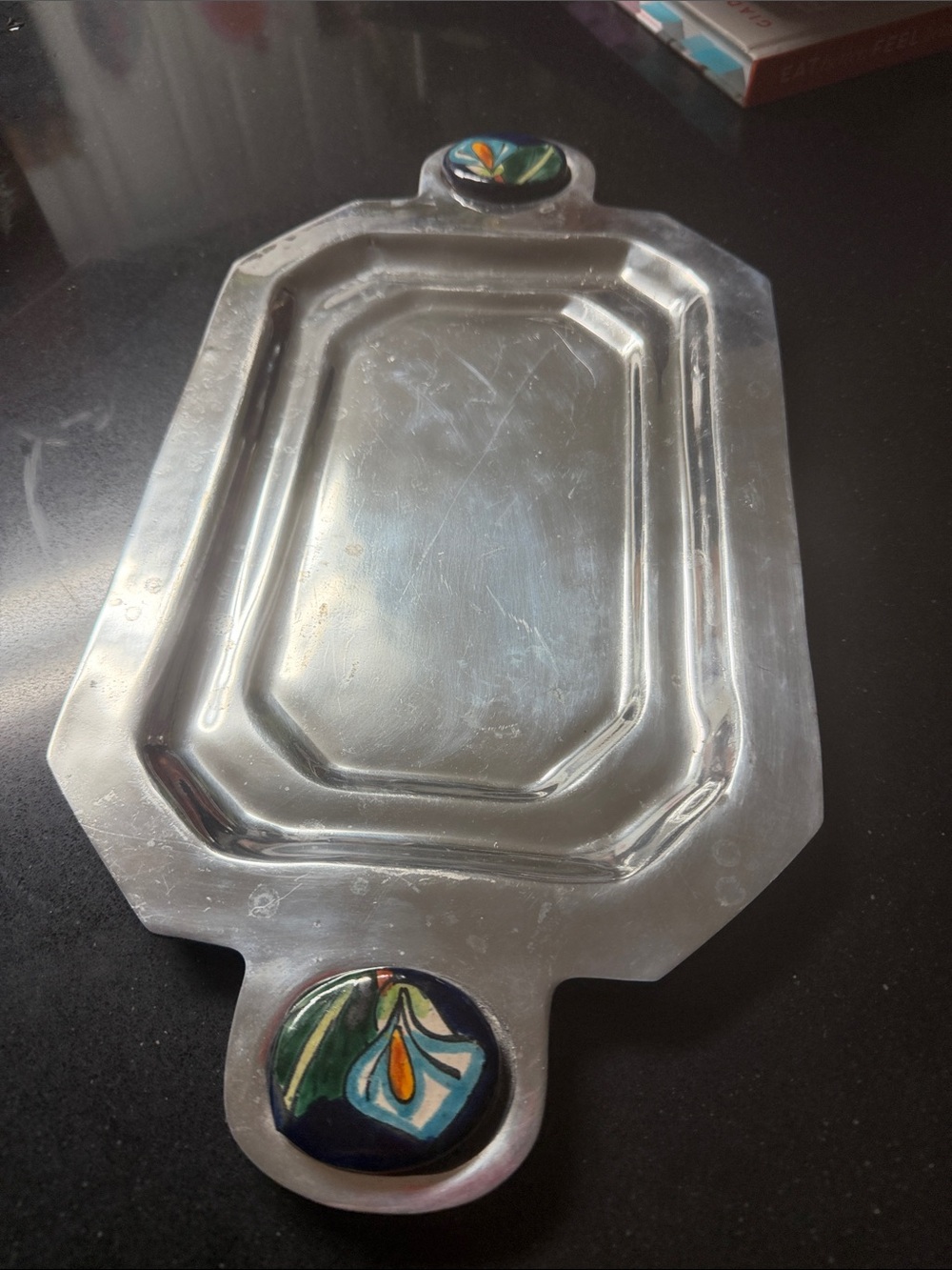 MEXICANA Silver-Tone Tray with Blue and Green Floral Medallions